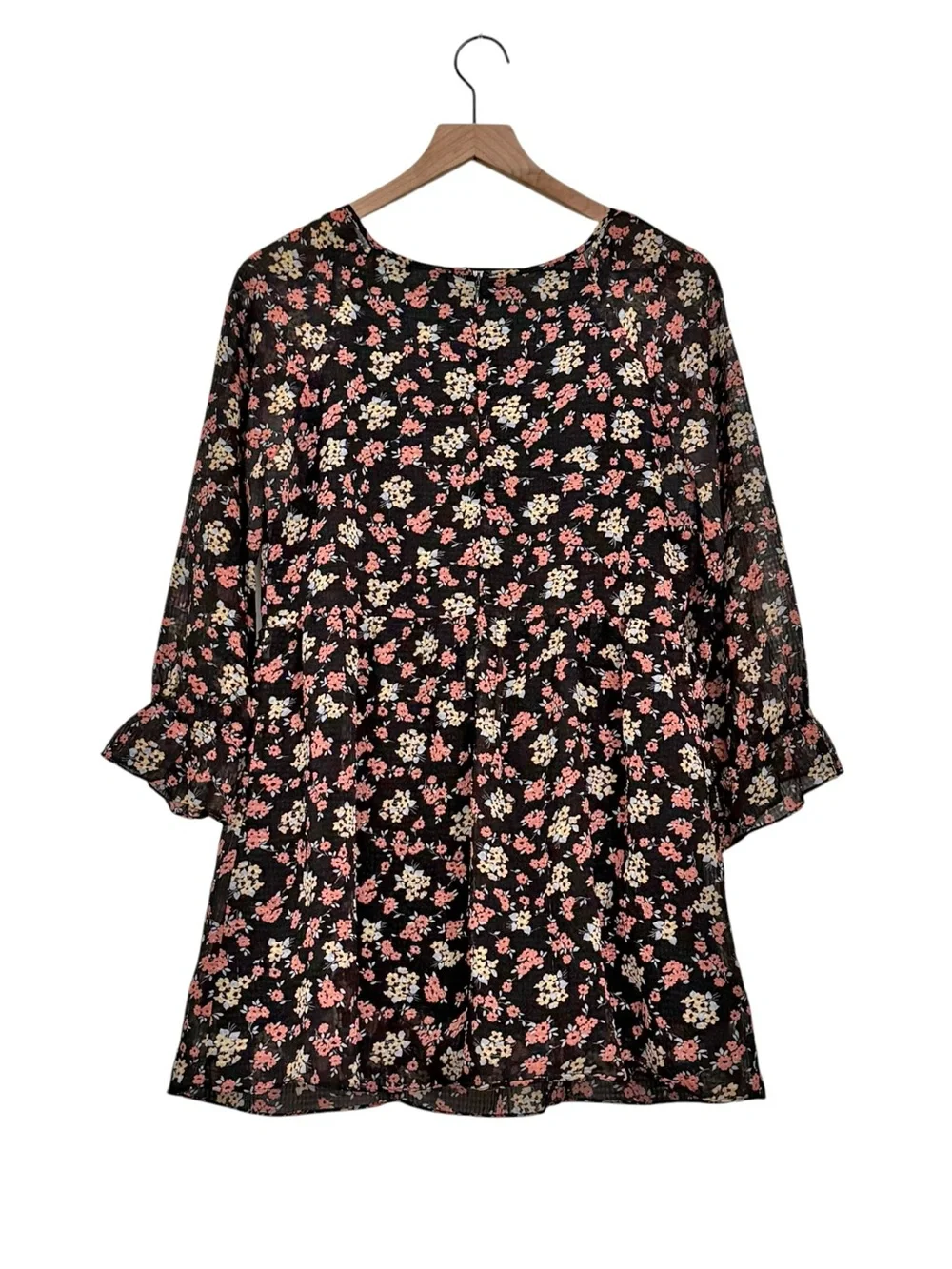 Free People Black 3/4 Sleeves Ditsy Floral Mini Dress Tunic